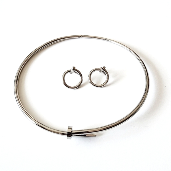 Rhodium Silver Nail Design Choker and Earrings Set. NEW - NWOT - Picture 1 of 3